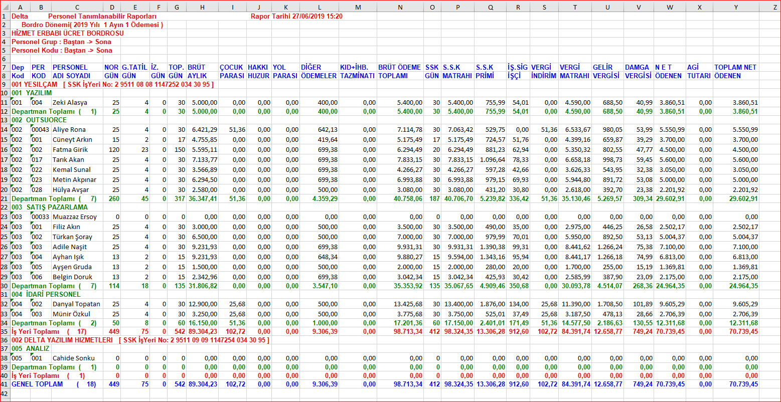 Delta Bordro tanımlanabilir rapor örneği ekranı